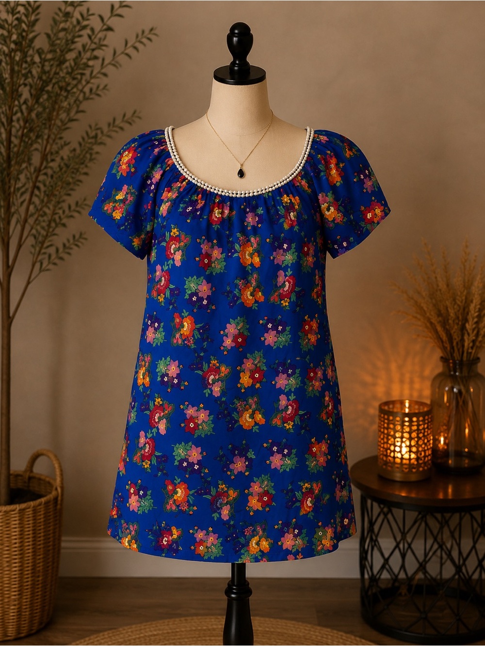 Bead-Trim Blue Floral Short-Sleeve Top- Miguelina Size medium